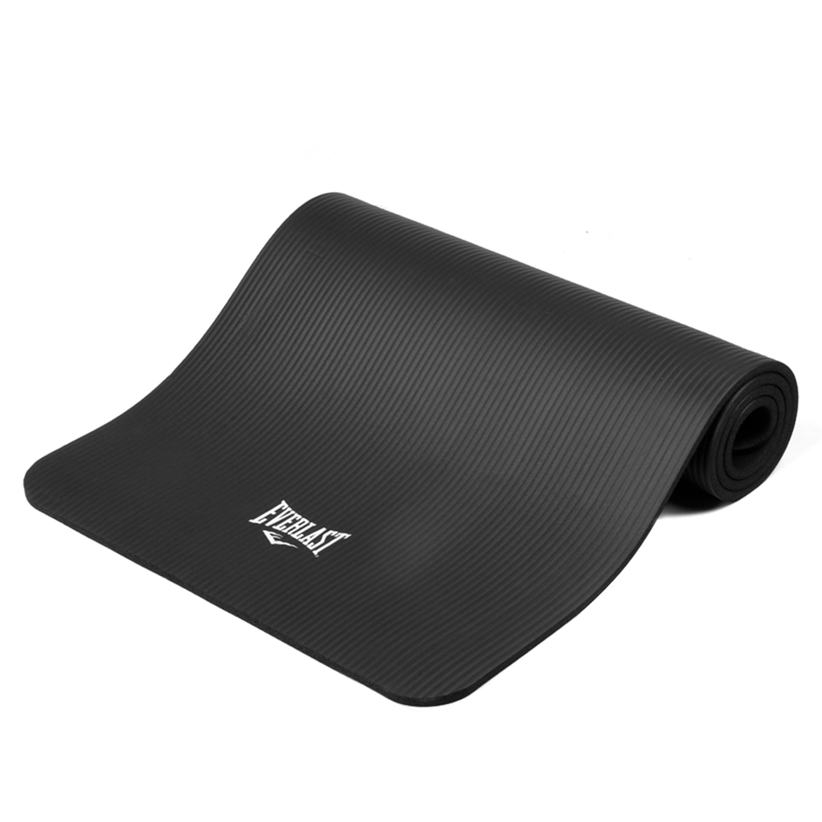 A rolled up black Everlast NBR fitness mat with a textured surface.