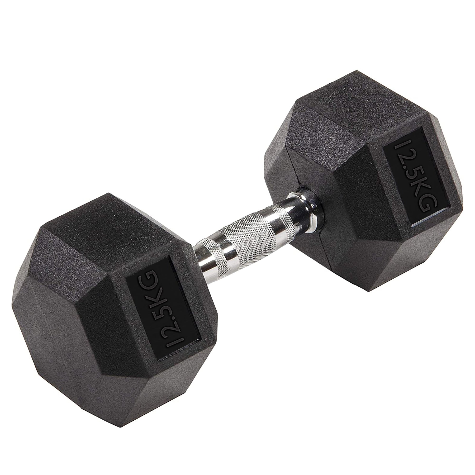 A pair of black rubber hex dumbbells with silver chrome handles, with 12.5KG  markings visible.