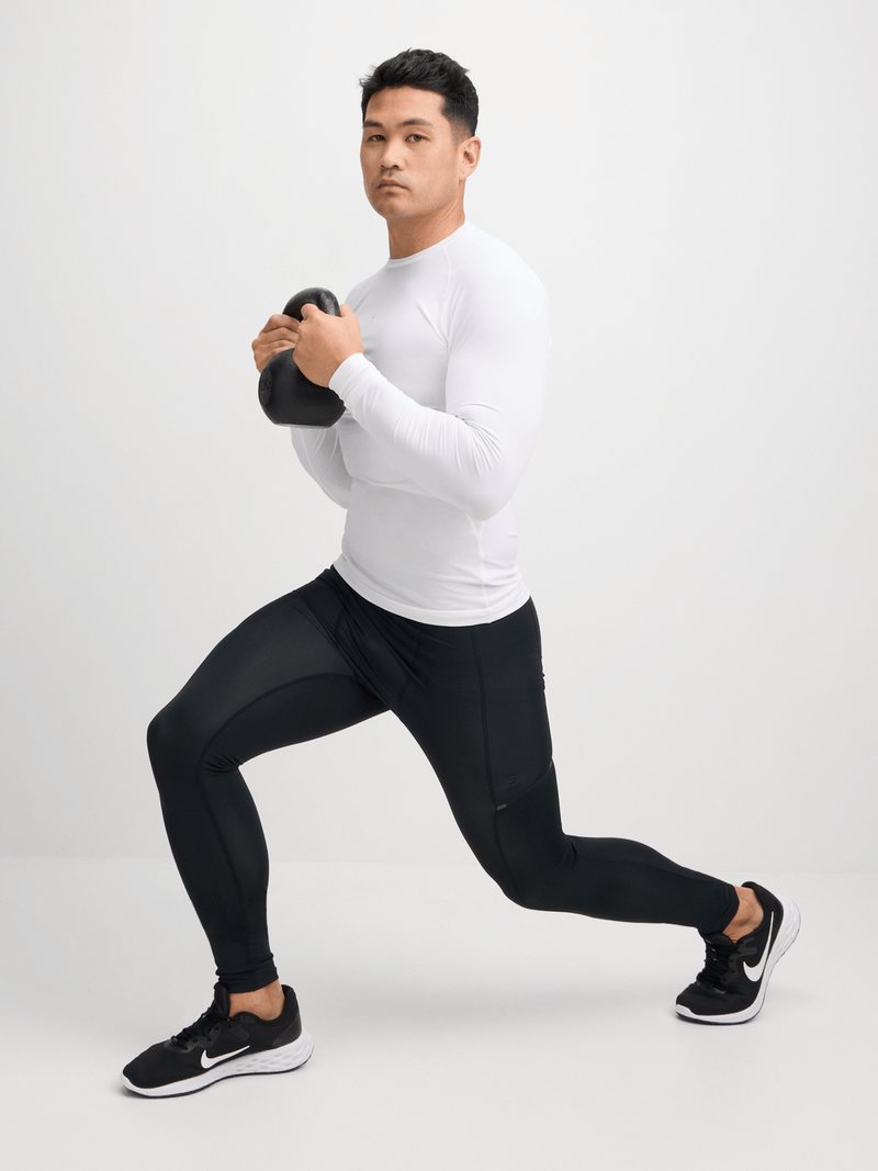 TS Men's White Compression Long Sleeve Performance Top - Muscle Support