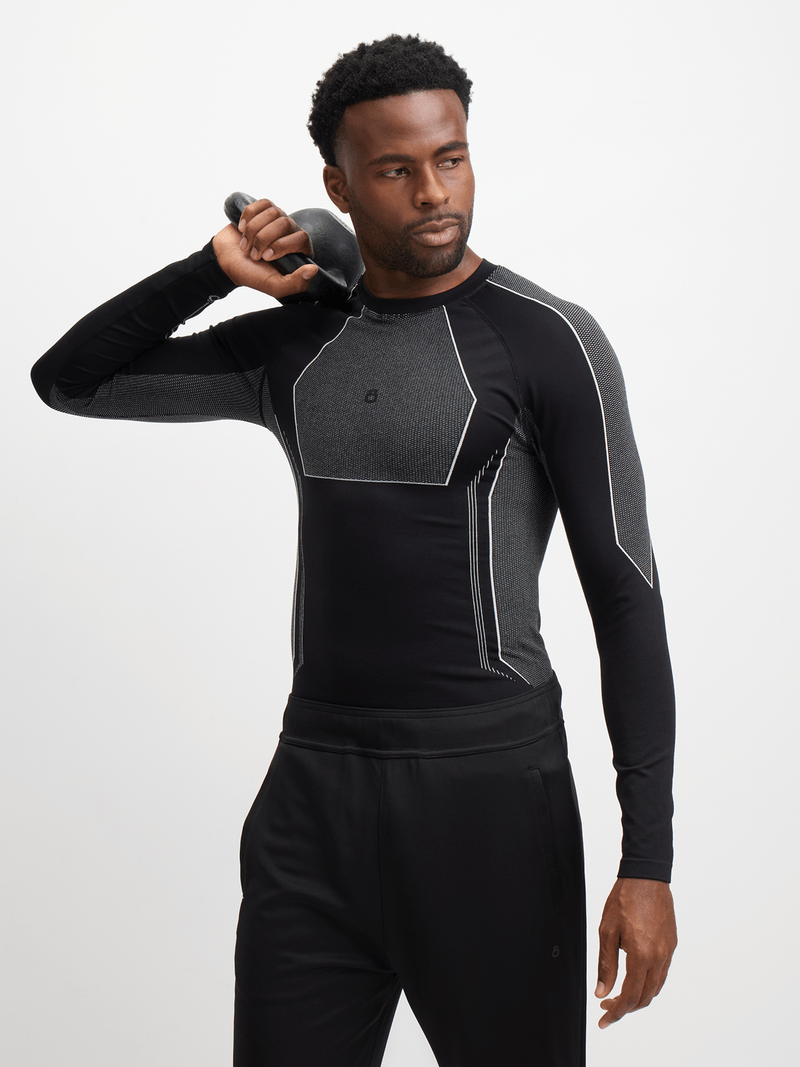 Men's Black Long Sleeve Compression Base Layer – Breathable, Seamless Athletic Performance Top