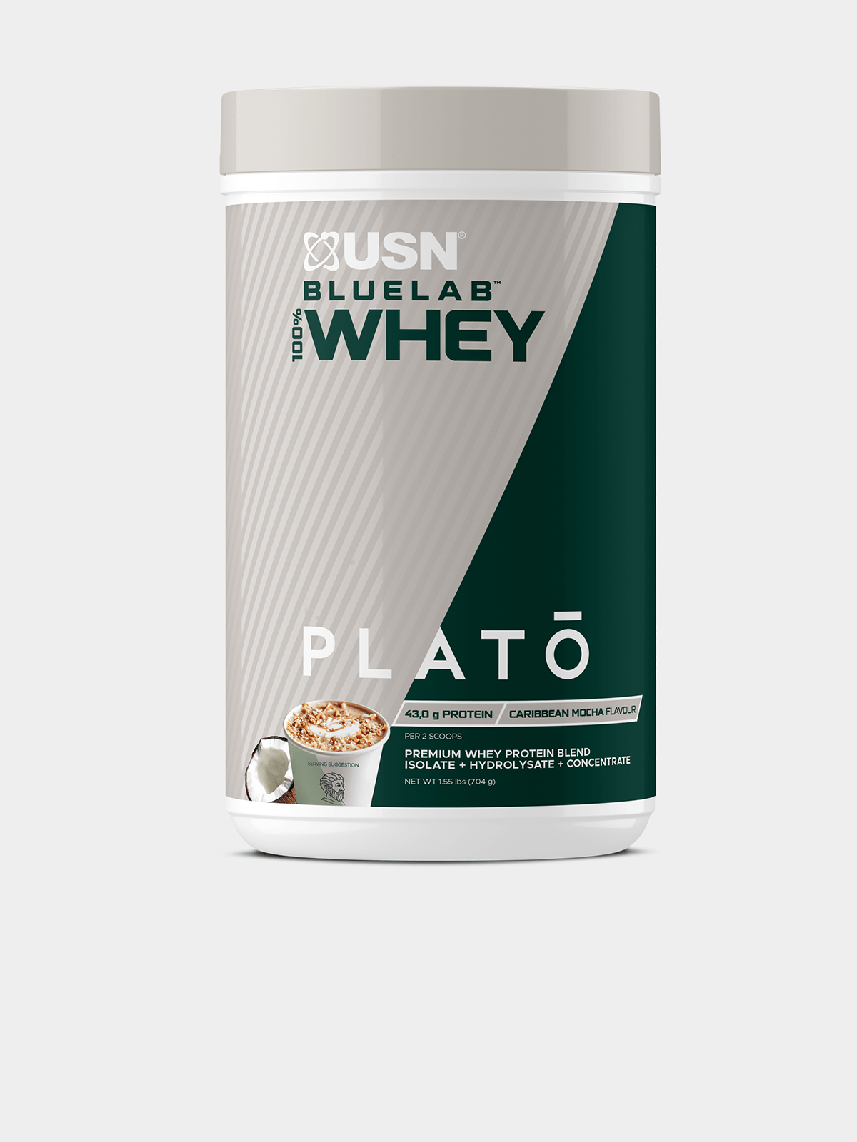 USN Plato 100% Whey Protein Caribbean Mocha: 704g Muscle-Building Tub