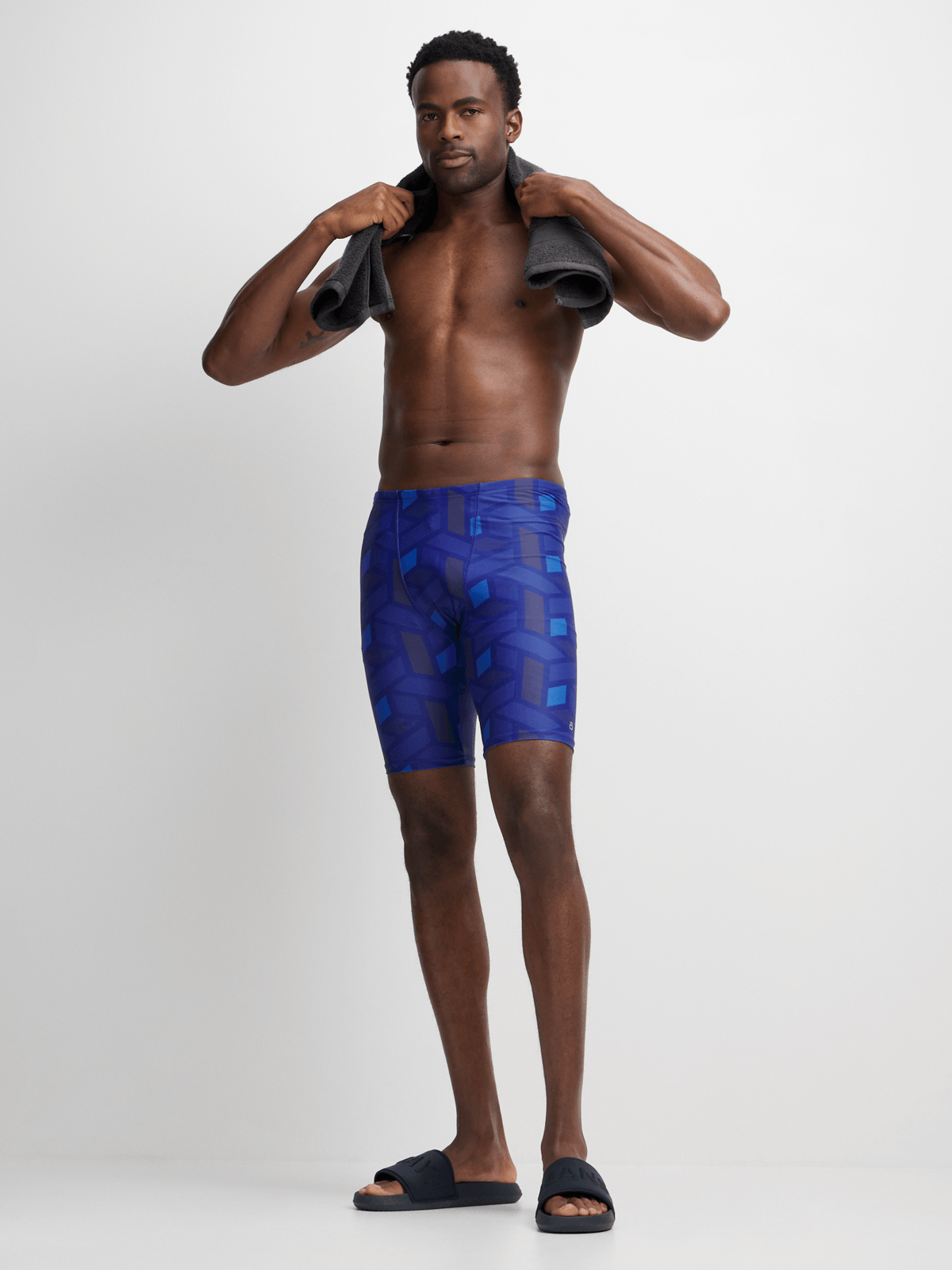 Men's TS KB Geometric Print Performance Swim Jammer – Navy Blue Durable Swimwear