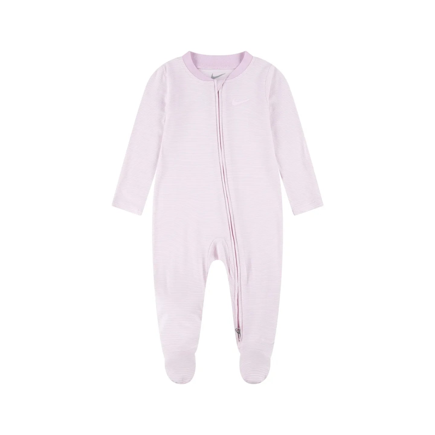 Nike Striped Footed Coverall in Pink Foam with long sleeves and full-zip closure.