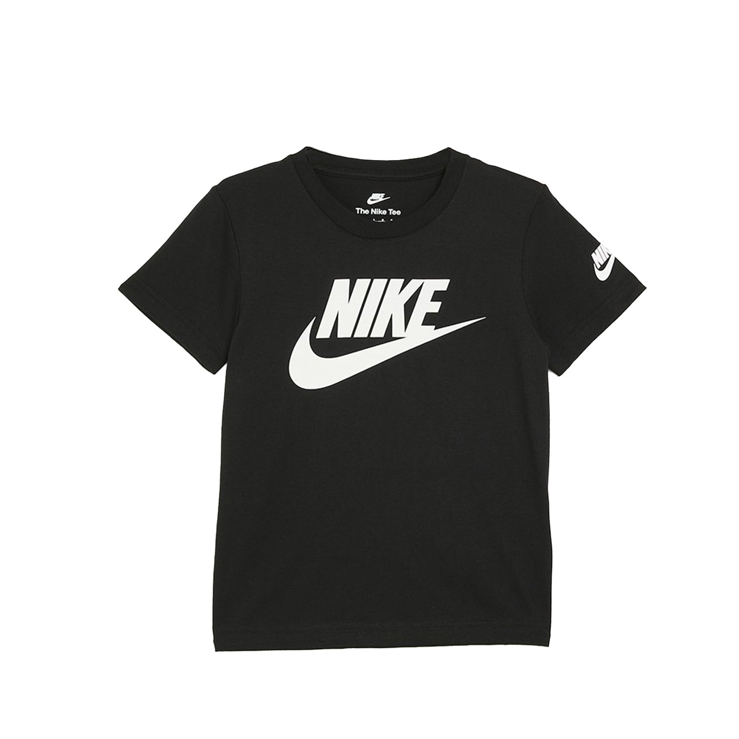 Black Nike NKB Futura t-shirt with white logo and ribbed crew neck for kids