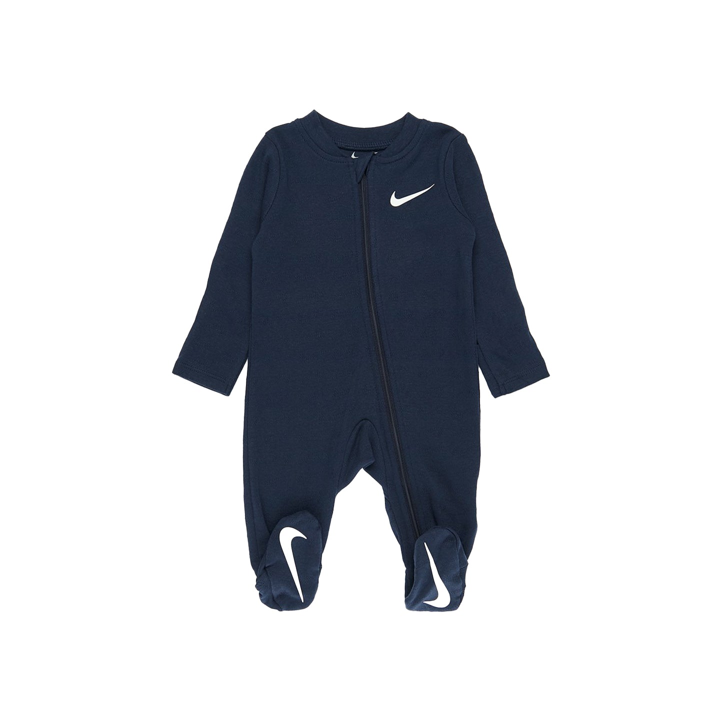 Nike Baby Essential Pointelle Coverall in Midnight Navy with white Swoosh, footed design, and long sleeves for cozy comfort.