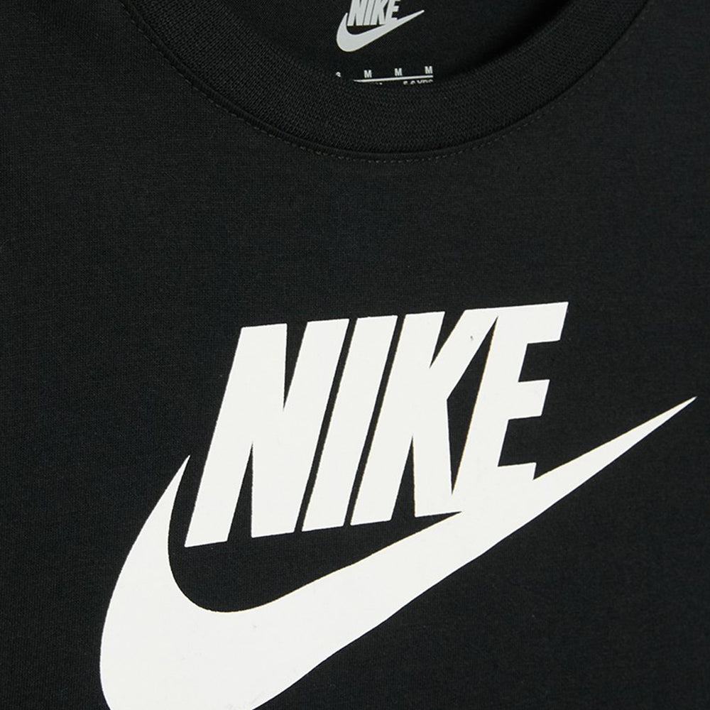 Nike Kids HBR Club Boxy Tee in black with white Nike logo, cropped boxy fit and ribbed crew neck