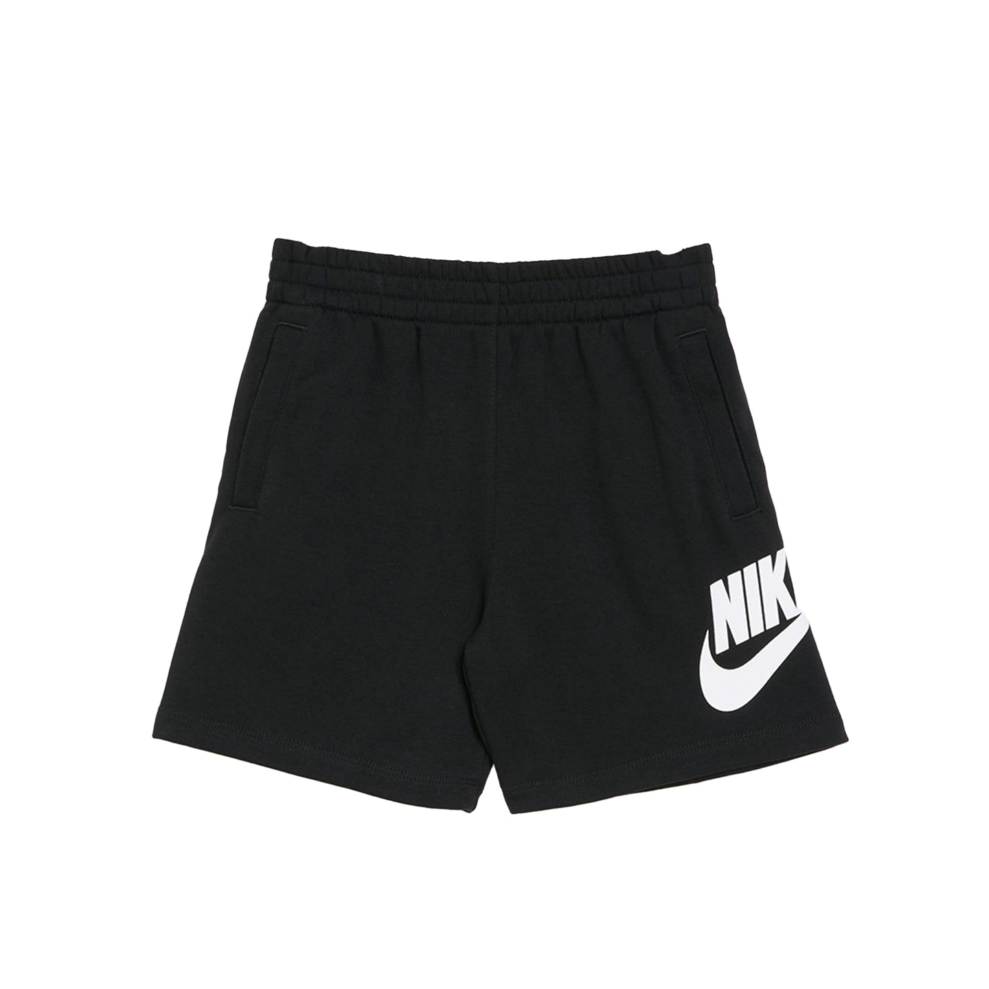 Black Nike N NSW Club FT HBR Shorts with white Nike logo, lightweight French terry fabric, elastic waistband, and side pockets for casual and athletic wear