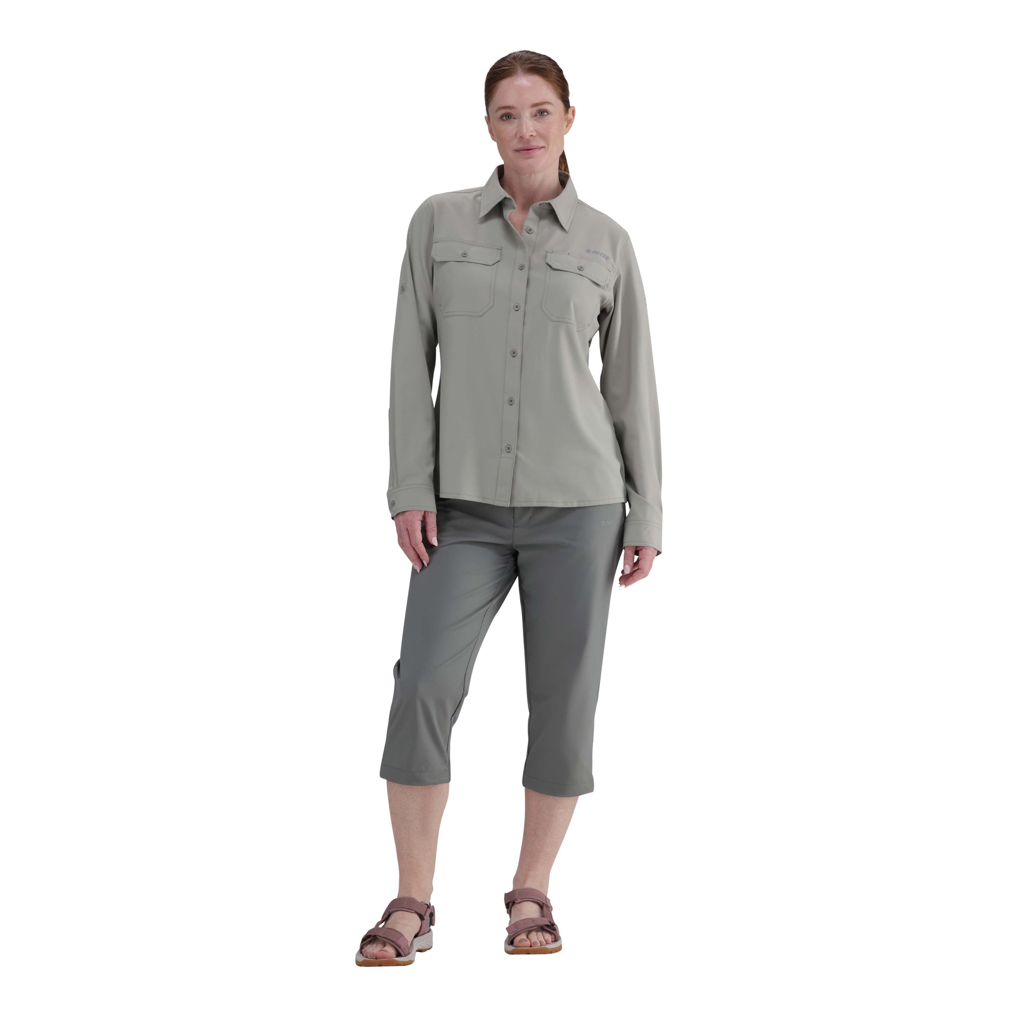 Durable Hi-Tec Ladies Long Sleeve Bush Shirt: UV50, Quick-Dry, Vented for Outdoor Adventures